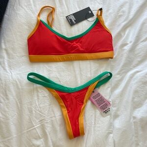 Colorblock Red & Green Bikini Set with Mustard Trim